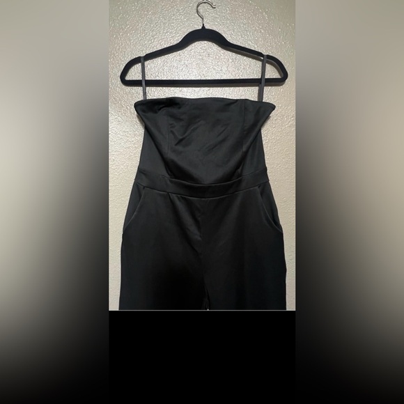 Strapless Elegant Black Satin Structured Jumpsuit Classy Dressy Chic - Picture 5 of 9